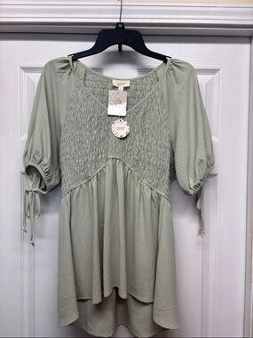 ODDI Sage Smocked Tie-Sleeve Tunic Top New